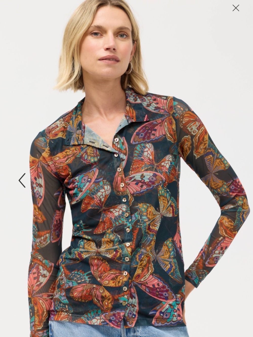 NWOT Johnny Was Butterfly Mesh Button Up Mock Neck